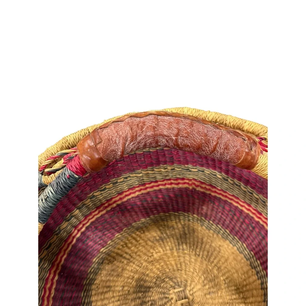 Handwoven Woven Market Basket Leather Handle Boho Storage Farmhouse Decor Tote